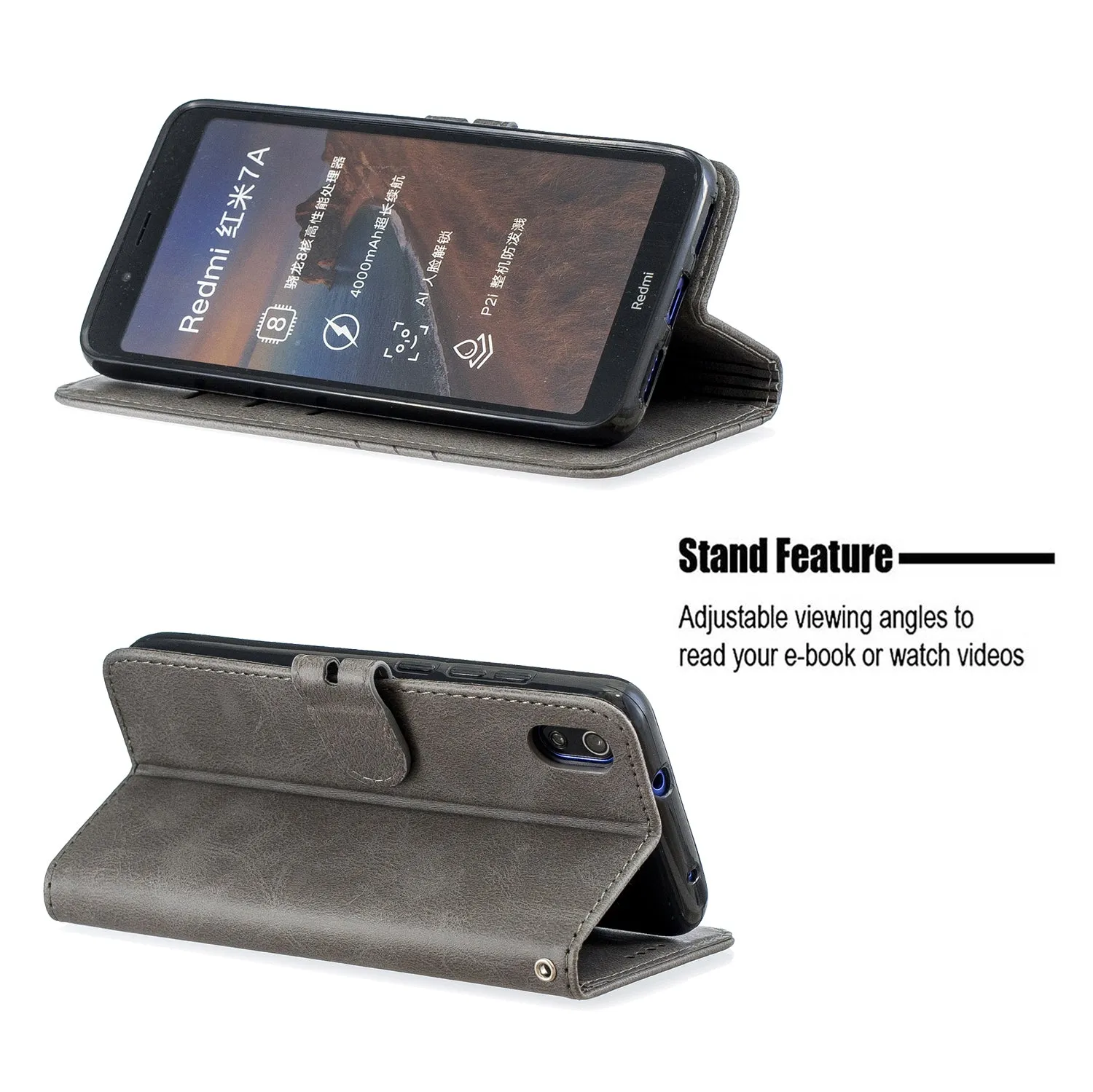 For Redmi 7A Denim Pattern Solid Color Flip Wallet PU Leather Protective Phone Case with Buckle & Bracket black