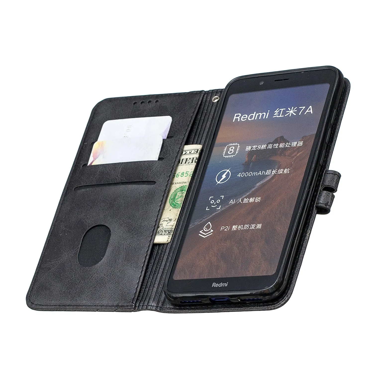 For Redmi 7A Denim Pattern Solid Color Flip Wallet PU Leather Protective Phone Case with Buckle & Bracket black