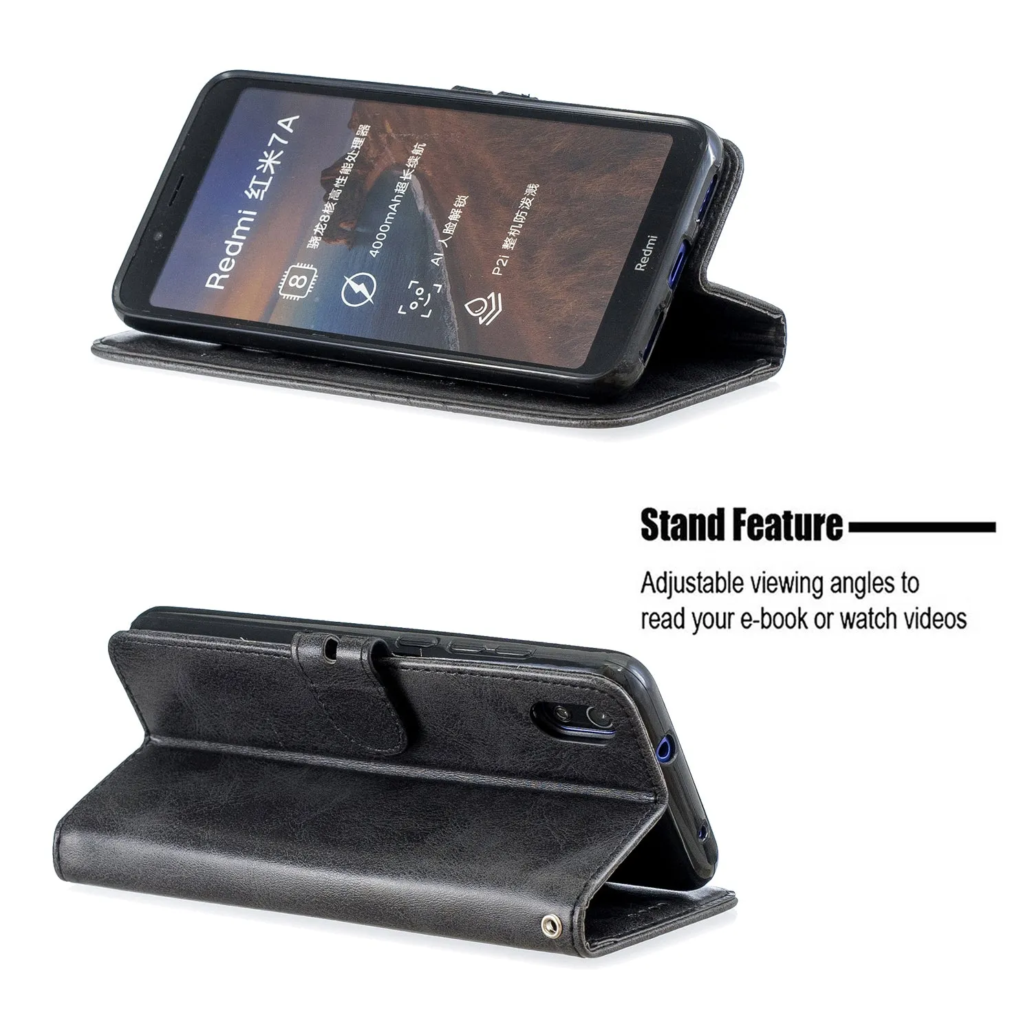 For Redmi 7A Denim Pattern Solid Color Flip Wallet PU Leather Protective Phone Case with Buckle & Bracket black