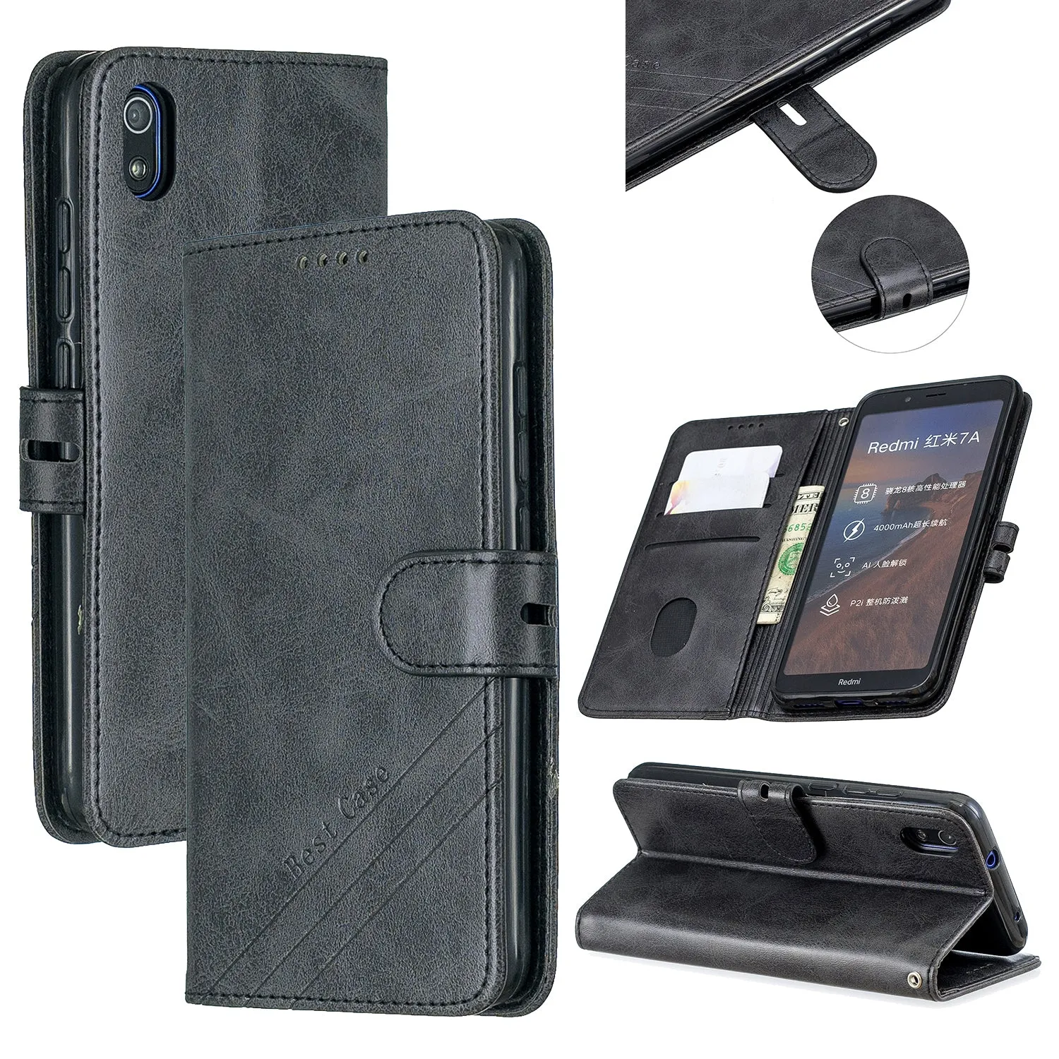 For Redmi 7A Denim Pattern Solid Color Flip Wallet PU Leather Protective Phone Case with Buckle & Bracket black
