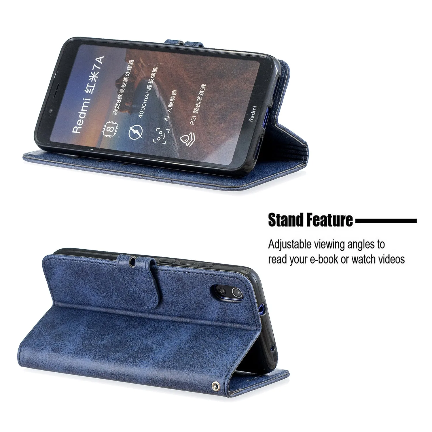 For Redmi 7A Denim Pattern Solid Color Flip Wallet PU Leather Protective Phone Case with Buckle & Bracket blue