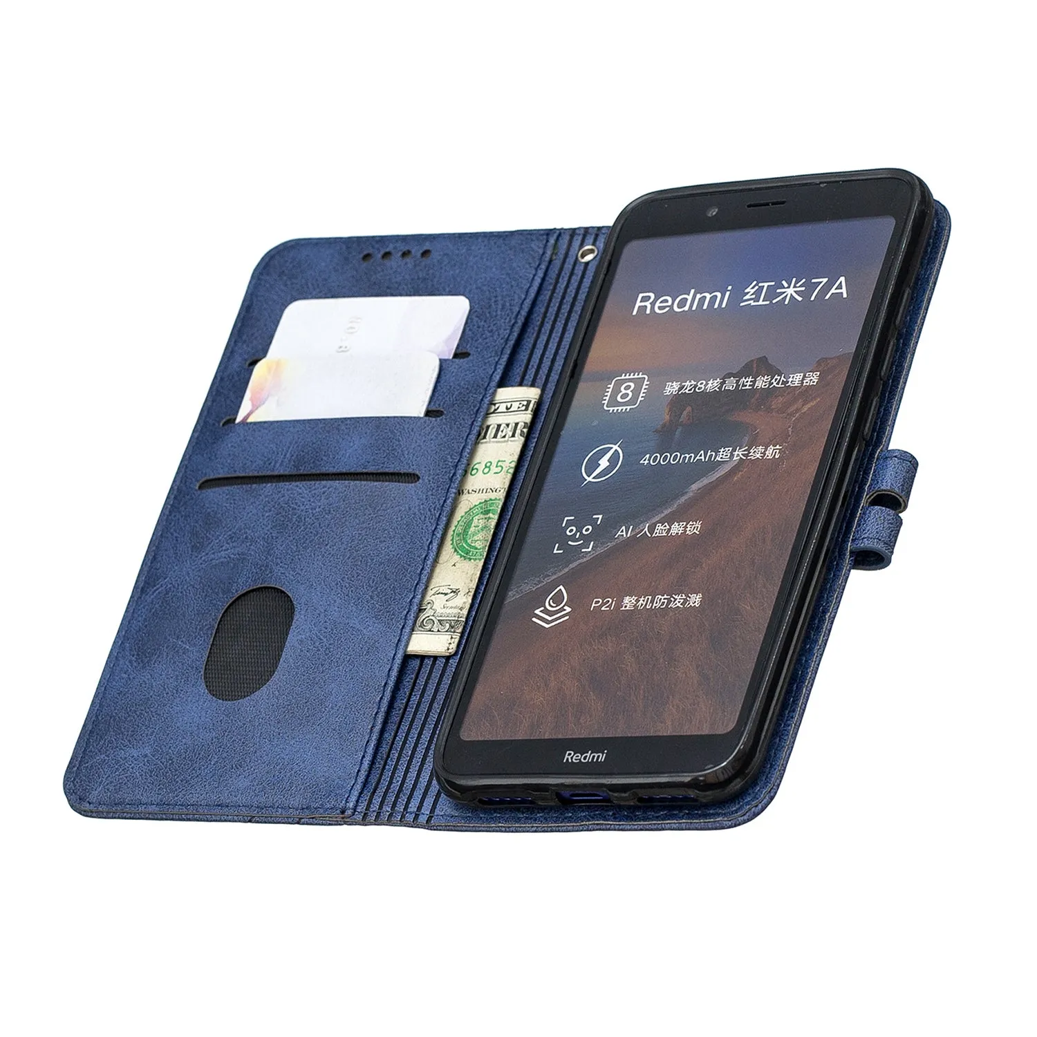 For Redmi 7A Denim Pattern Solid Color Flip Wallet PU Leather Protective Phone Case with Buckle & Bracket blue