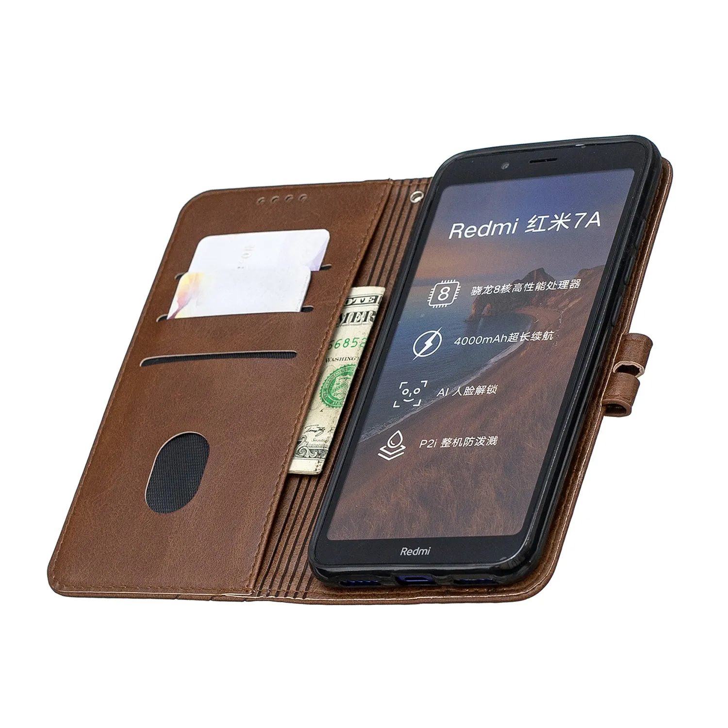 For Redmi 7A Denim Pattern Solid Color Flip Wallet PU Leather Protective Phone Case with Buckle & Bracket brown