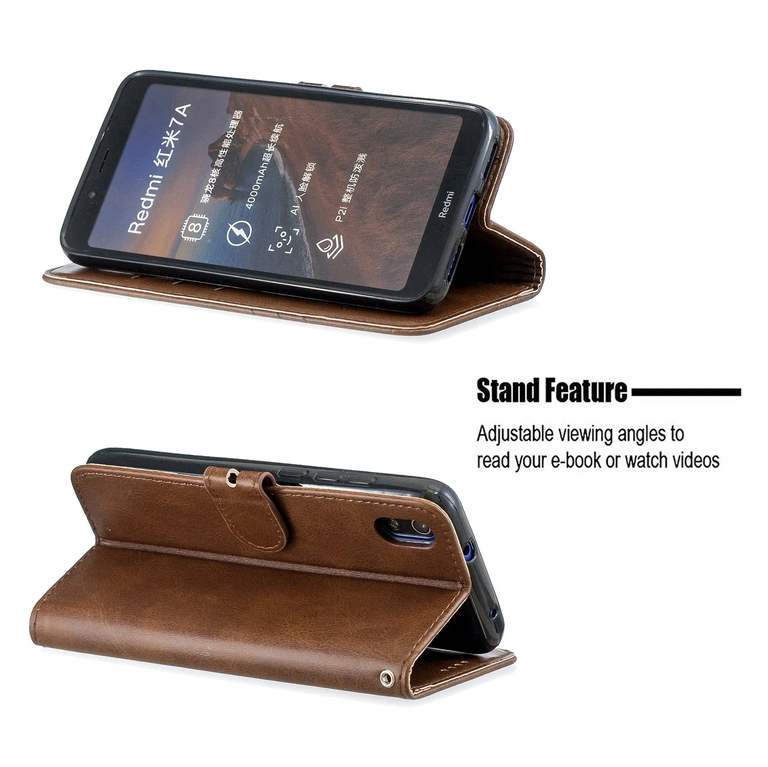 For Redmi 7A Denim Pattern Solid Color Flip Wallet PU Leather Protective Phone Case with Buckle & Bracket brown