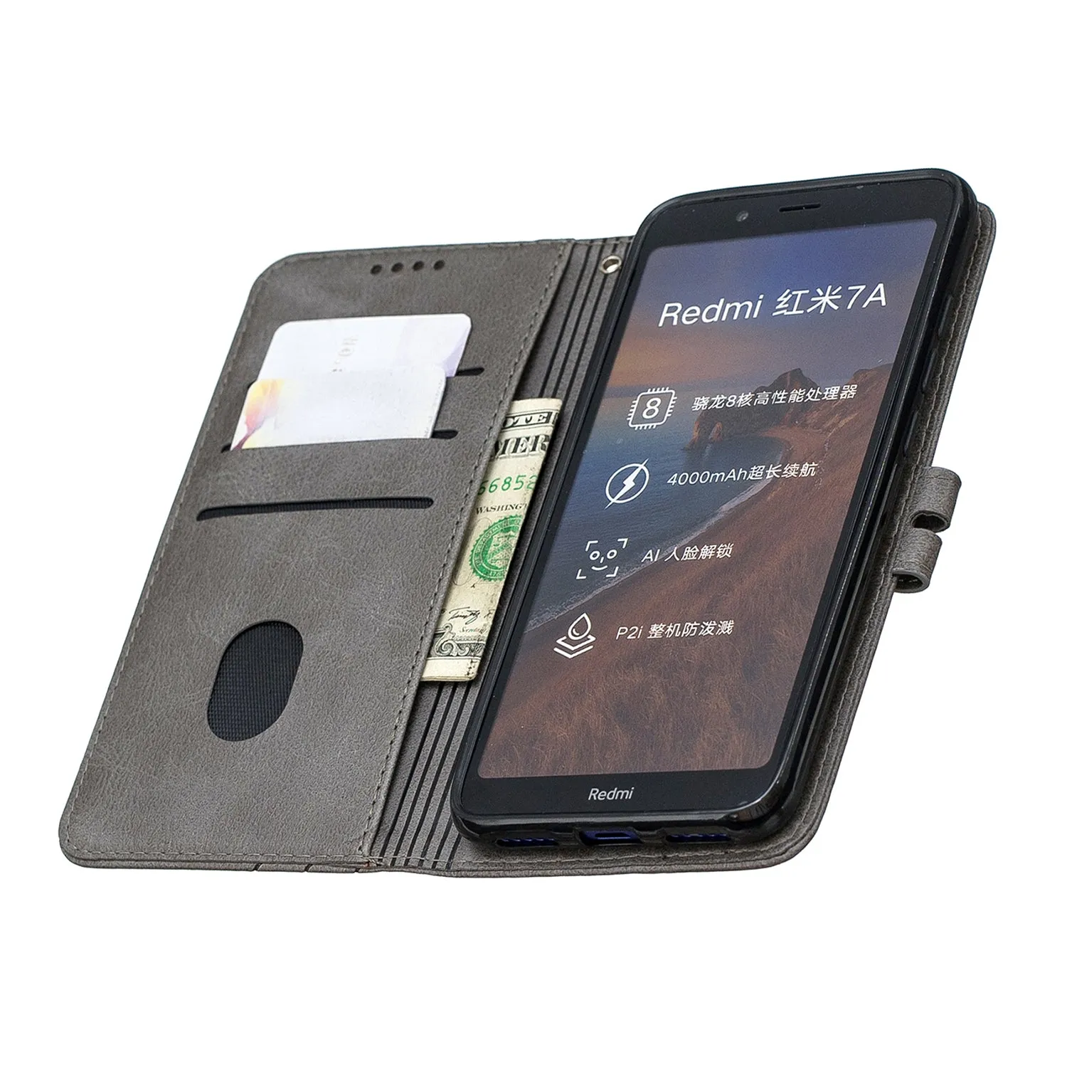 For Redmi 7A Denim Pattern Solid Color Flip Wallet PU Leather Protective Phone Case with Buckle & Bracket red