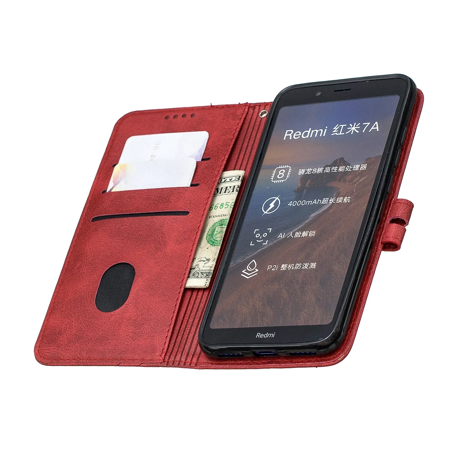 For Redmi 7A Denim Pattern Solid Color Flip Wallet PU Leather Protective Phone Case with Buckle & Bracket red