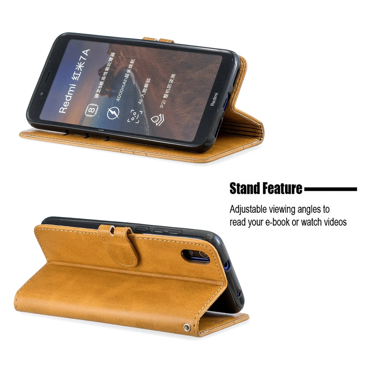 For Redmi 7A Denim Pattern Solid Color Flip Wallet PU Leather Protective Phone Case with Buckle & Bracket yellow