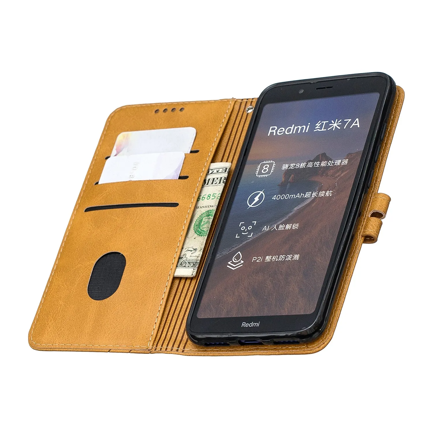 For Redmi 7A Denim Pattern Solid Color Flip Wallet PU Leather Protective Phone Case with Buckle & Bracket yellow
