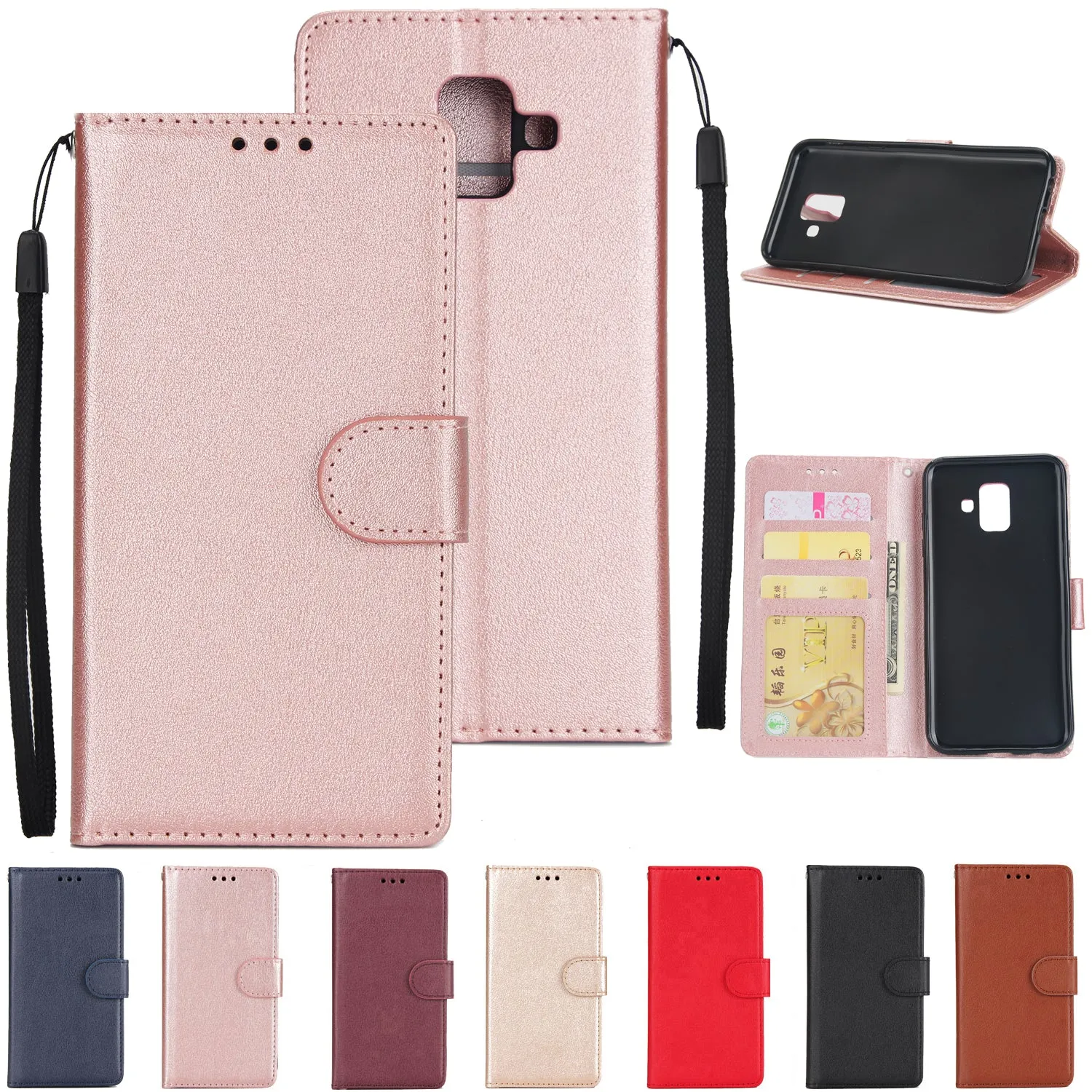 For Samsung A6 2018 Flip-type Leather Protective Phone Case with 3 Card Position Buckle Design Phone Cover  wine red