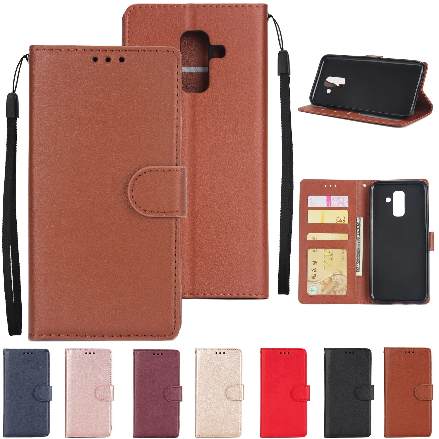 For Samsung A6 PLUS 2018 Flip-type Leather Protective Phone Case with 3 Card Position wine red