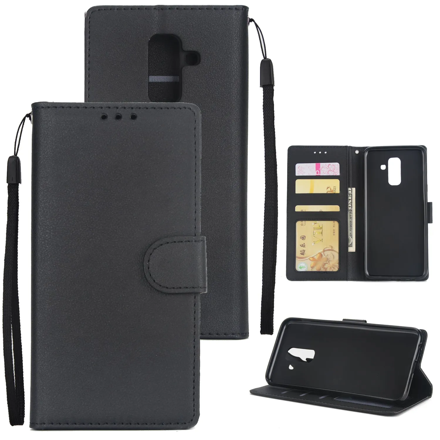 For Samsung A6 PLUS 2018 Flip-type Leather Protective Phone Case with 3 Card Position wine red