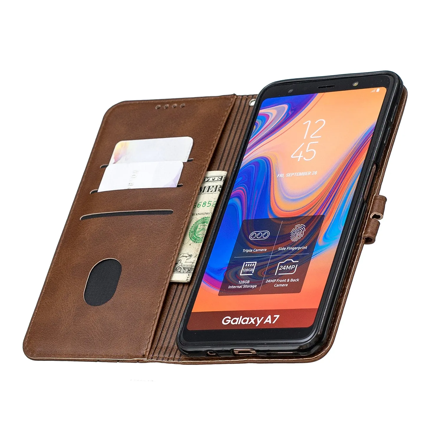 For Samsung A7 2018 Denim Pattern Solid Color Flip Wallet PU Leather Protective Phone Case with Buckle & Bracket black