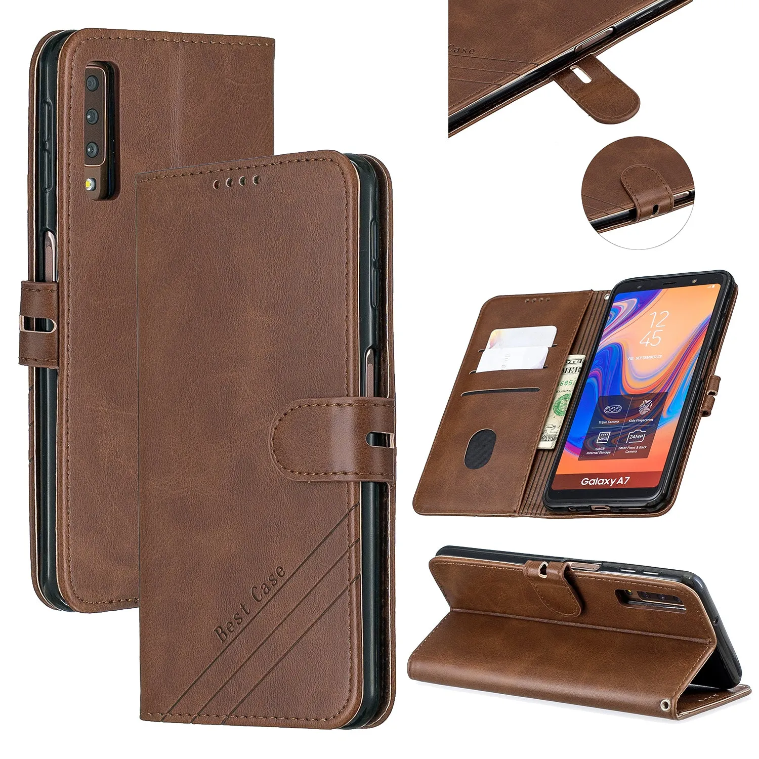 For Samsung A7 2018 Denim Pattern Solid Color Flip Wallet PU Leather Protective Phone Case with Buckle & Bracket black