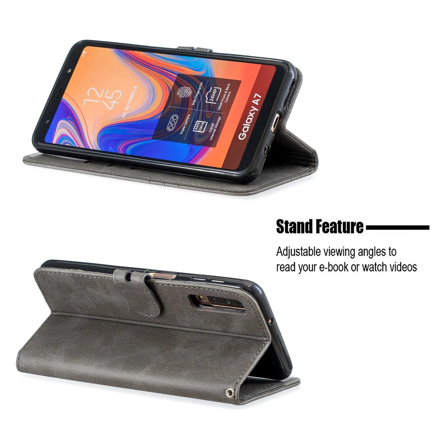 For Samsung A7 2018 Denim Pattern Solid Color Flip Wallet PU Leather Protective Phone Case with Buckle & Bracket gray
