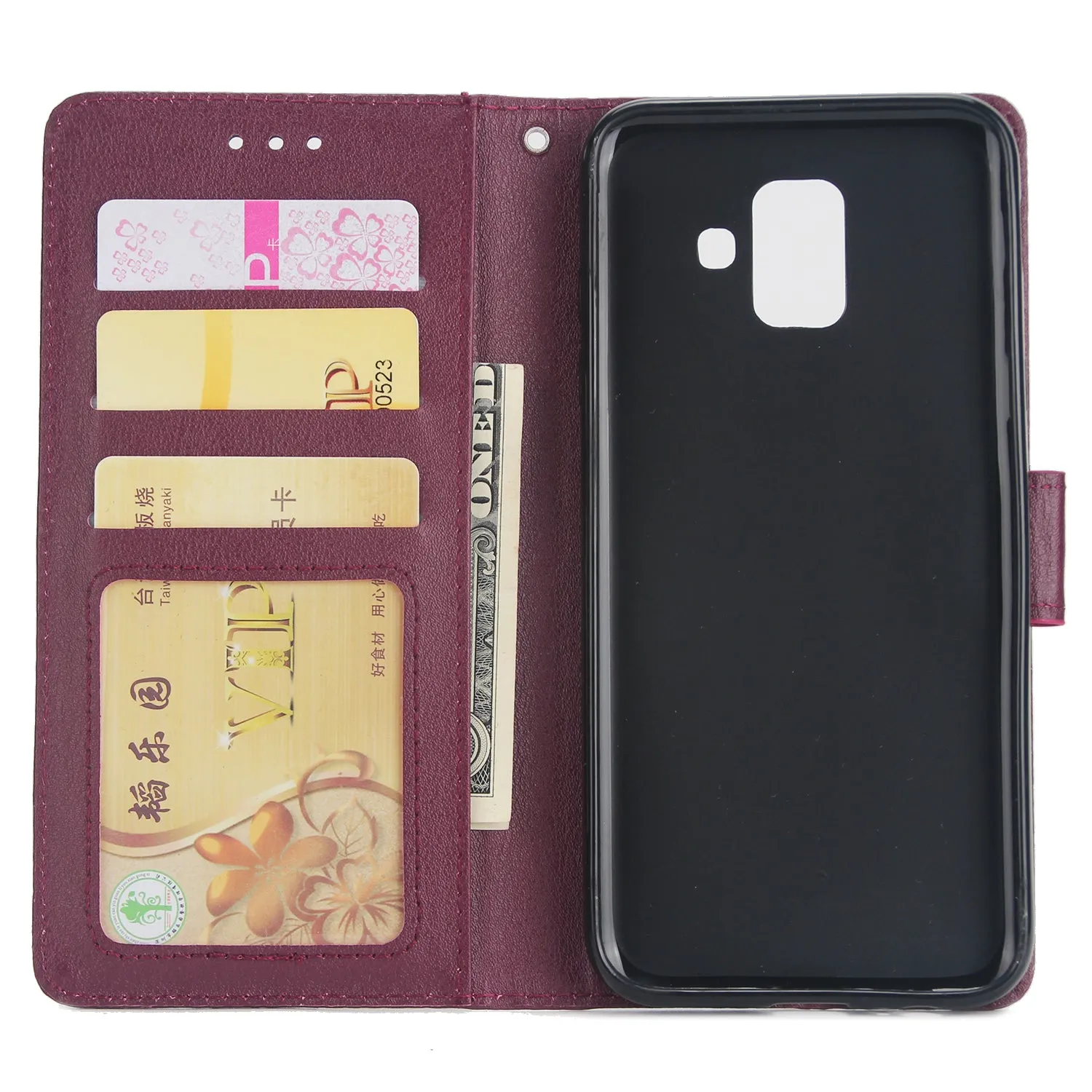 For Samsung J6 plus Flip-type Leather Protective Phone Case with 3 Card Position Buckle Design Phone Cover  Red wine
