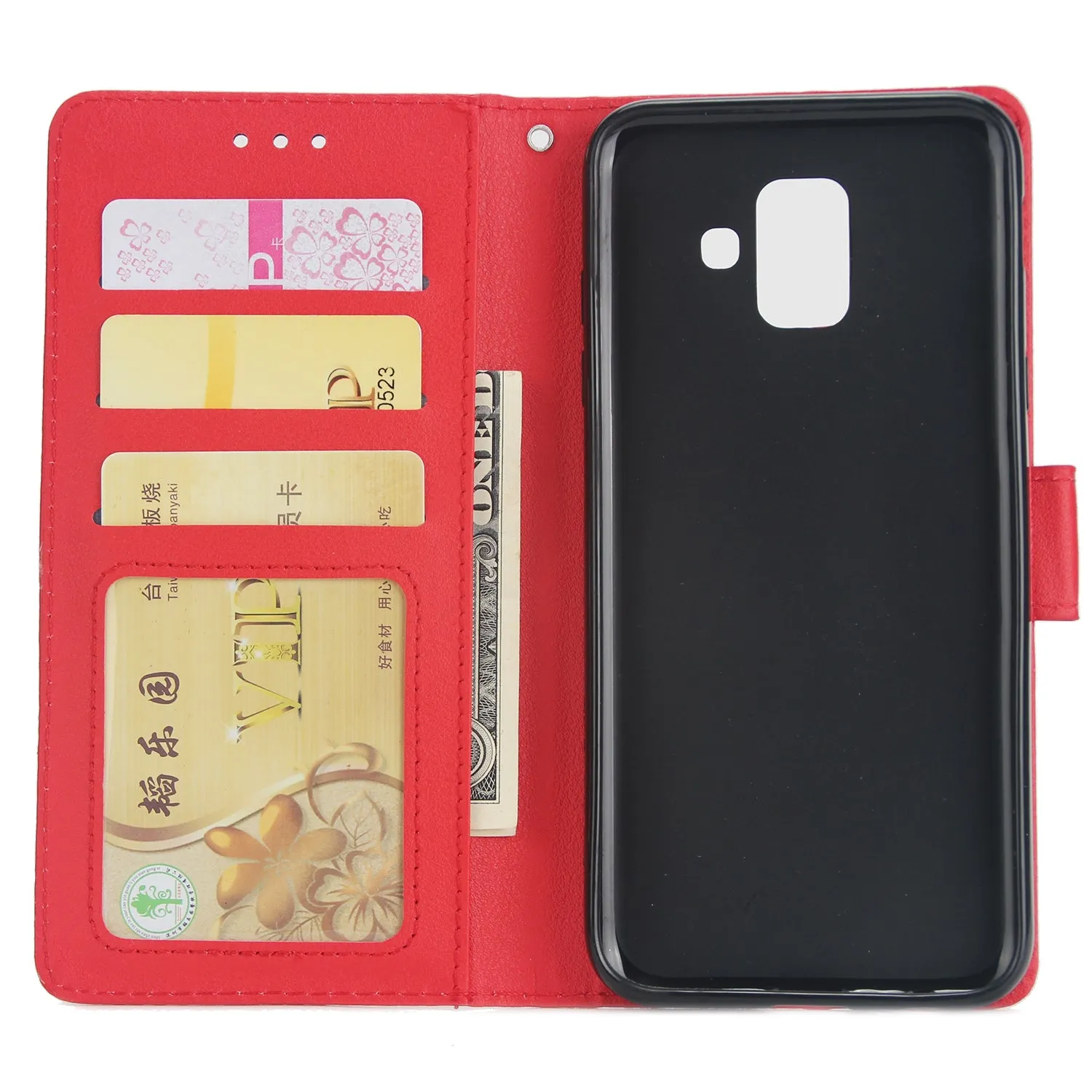 For Samsung J6 plus Flip-type Leather Protective Phone Case with 3 Card Position Buckle Design Phone Cover  red