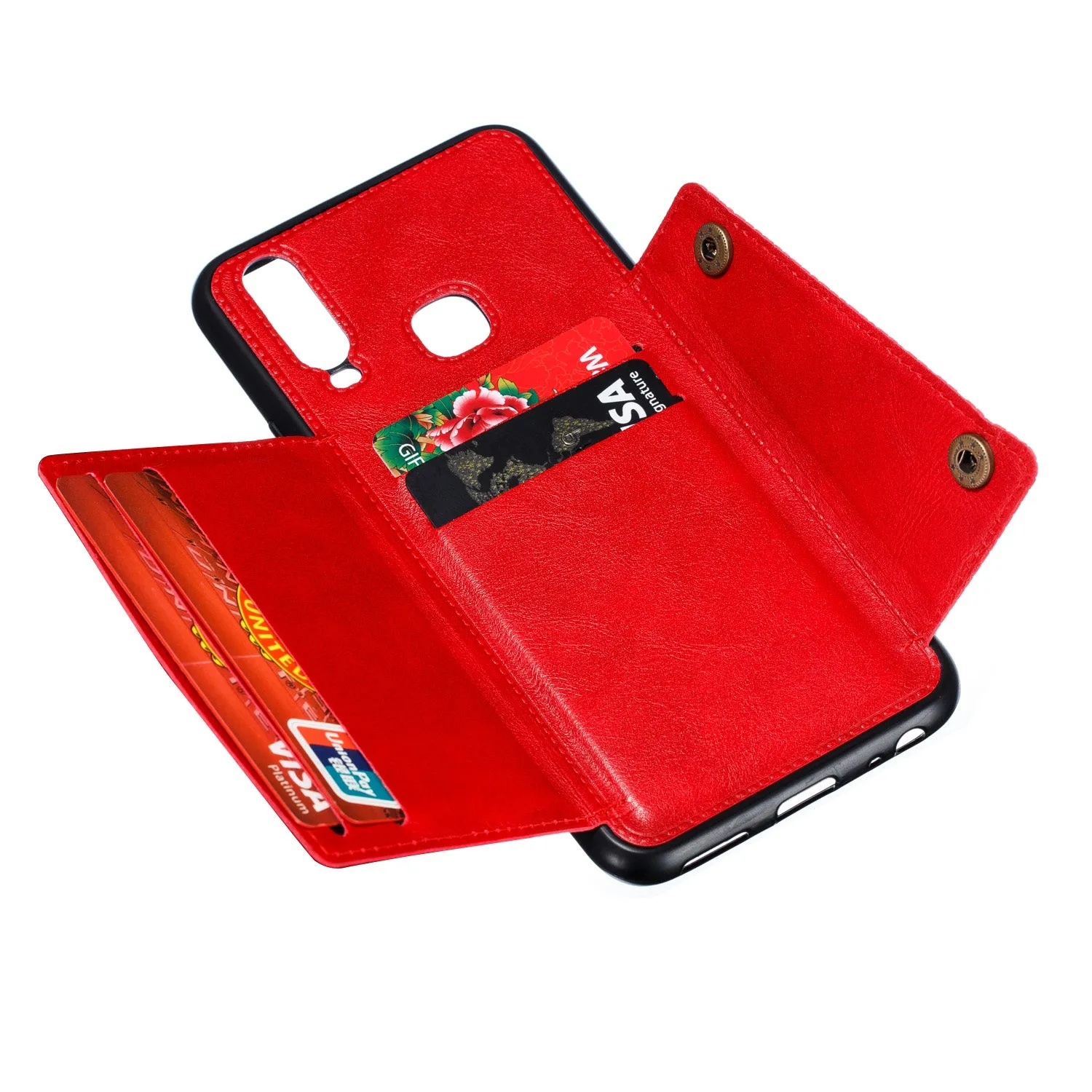 For VIVO Y17 Shockproof Double Buckle Wallet Case Cell Phone Case PU Leather Flip Stand Phone Cover With Card Slots red
