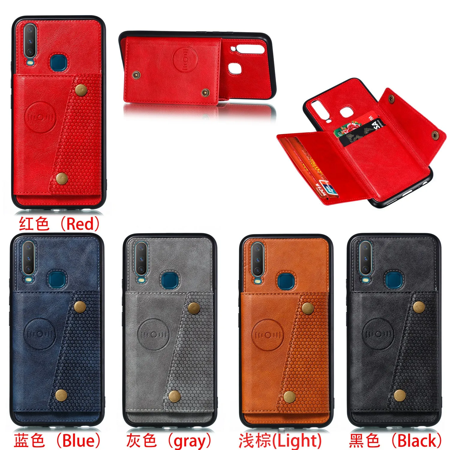 For VIVO Y17 Shockproof Double Buckle Wallet Case Cell Phone Case PU Leather Flip Stand Phone Cover With Card Slots red