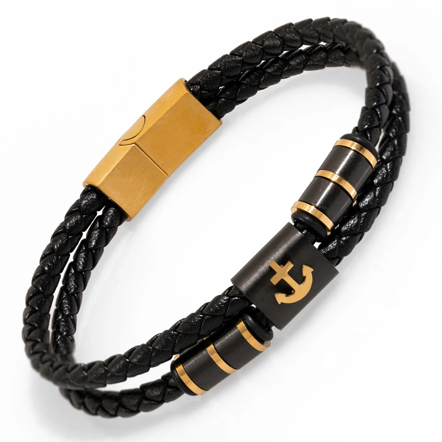 Gold Anchor Design Black Leather Men's Style Bracelet