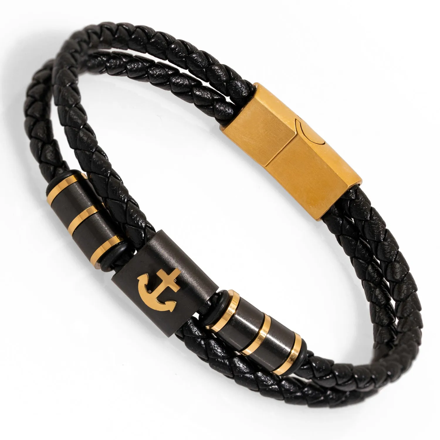 Gold Anchor Design Black Leather Men's Style Bracelet