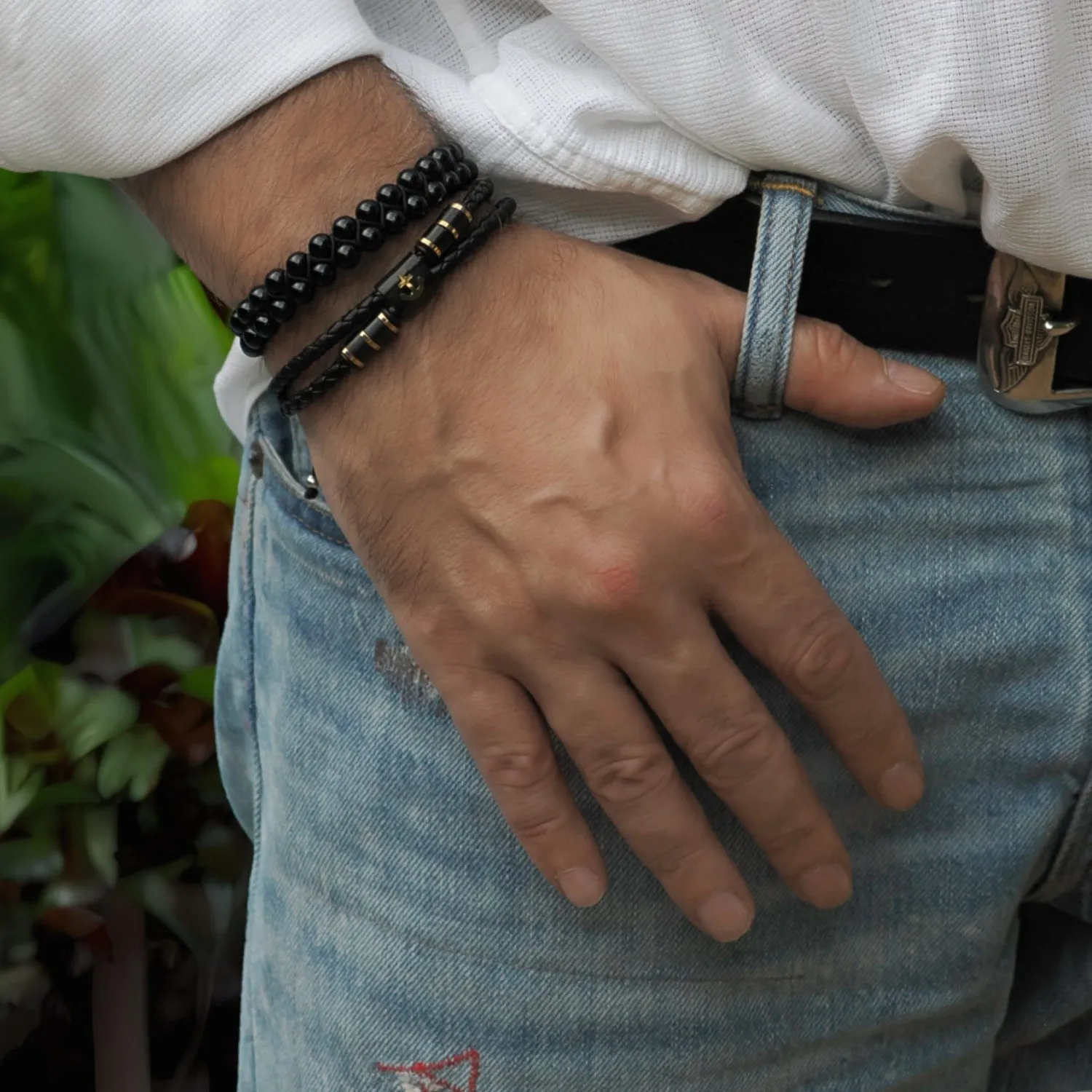Gold Anchor Design Black Leather Men's Style Bracelet