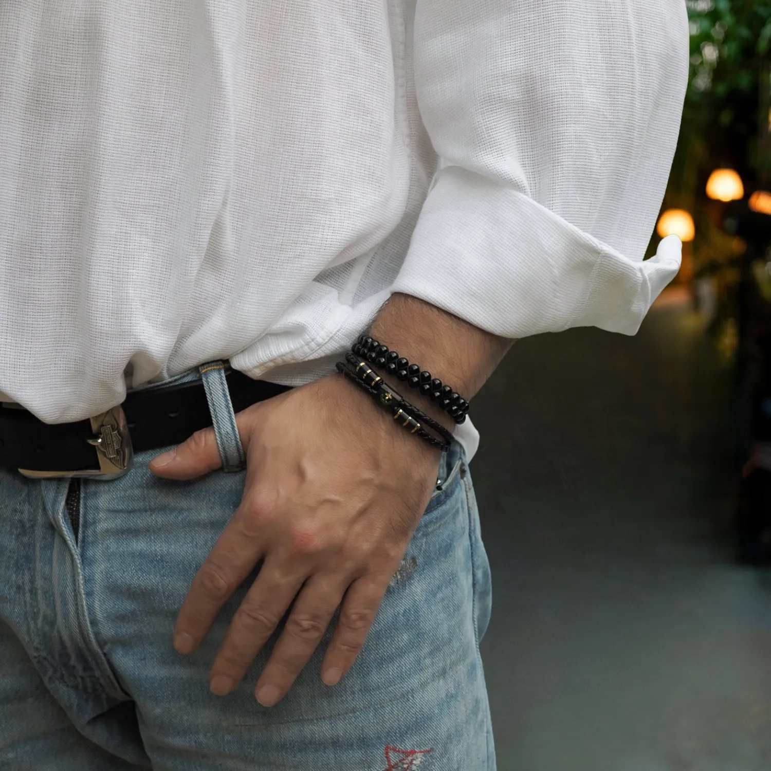 Gold Anchor Design Black Leather Men's Style Bracelet