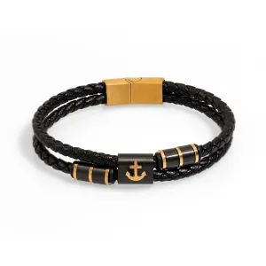 Gold Anchor Design Black Leather Men's Style Bracelet