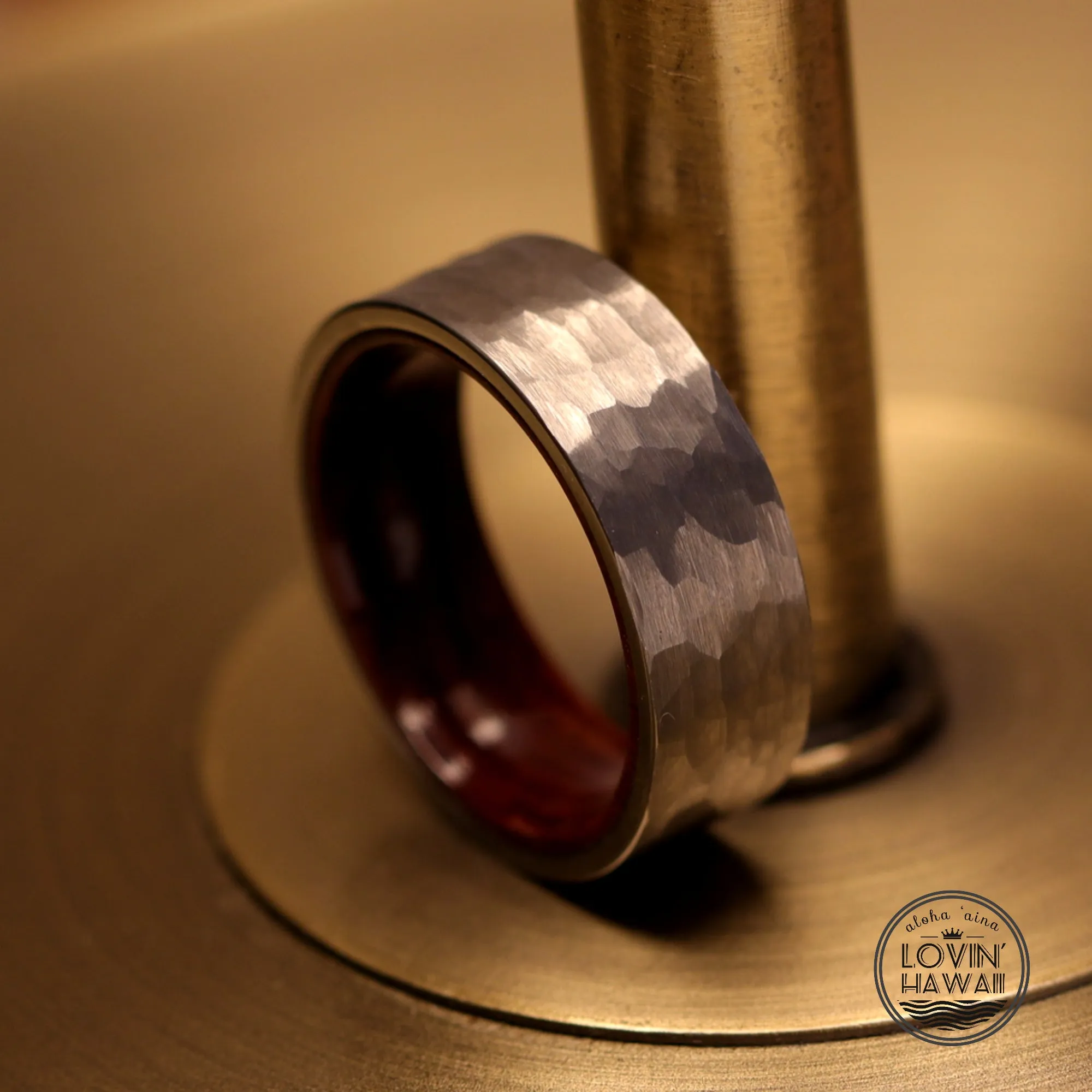Hammered Brushed Tungsten Carbide Ring With Koa Wood Inlaid ( 8mm width )