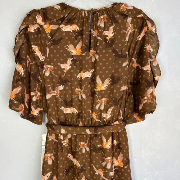 Happy Nature size L short puff flutter sleeve midi dress brown bird print NEW