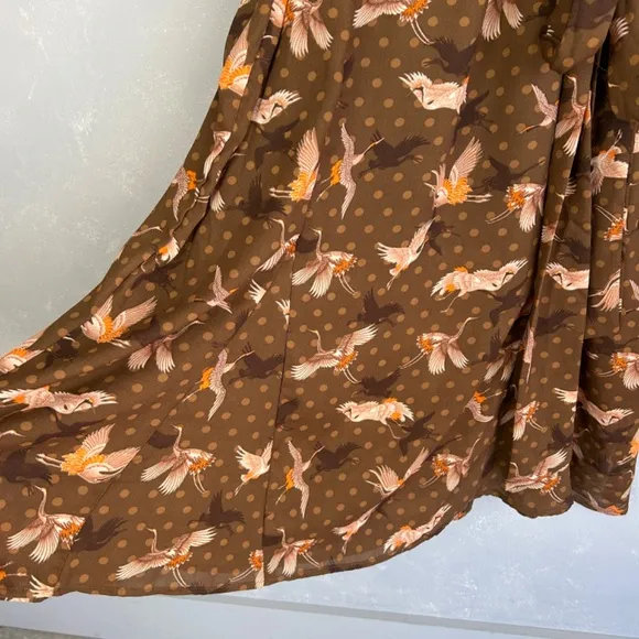 Happy Nature size L short puff flutter sleeve midi dress brown bird print NEW