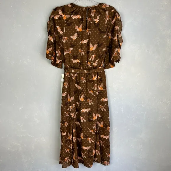 Happy Nature size L short puff flutter sleeve midi dress brown bird print NEW