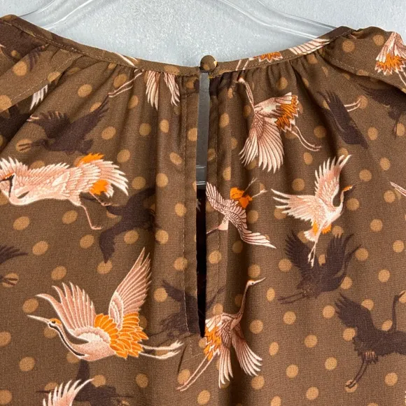 Happy Nature size L short puff flutter sleeve midi dress brown bird print NEW