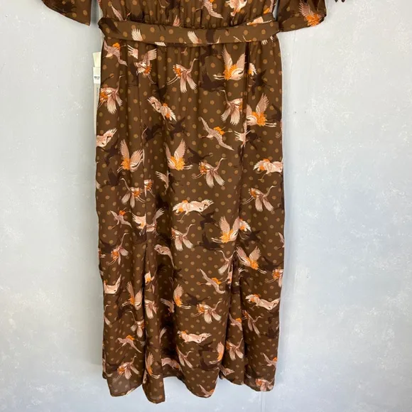 Happy Nature size L short puff flutter sleeve midi dress brown bird print NEW
