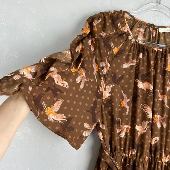 Happy Nature size L short puff flutter sleeve midi dress brown bird print NEW