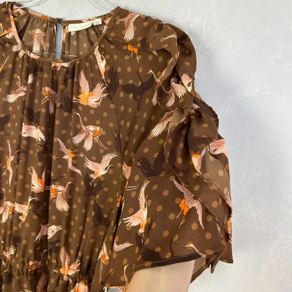 Happy Nature size L short puff flutter sleeve midi dress brown bird print NEW