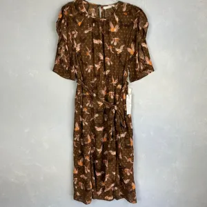 Happy Nature size L short puff flutter sleeve midi dress brown bird print NEW