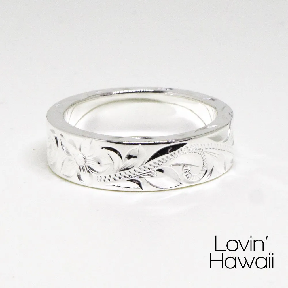 Hawaiian Wedding Bands, Hand Engraved Design, (6MM Width, Flat Style)