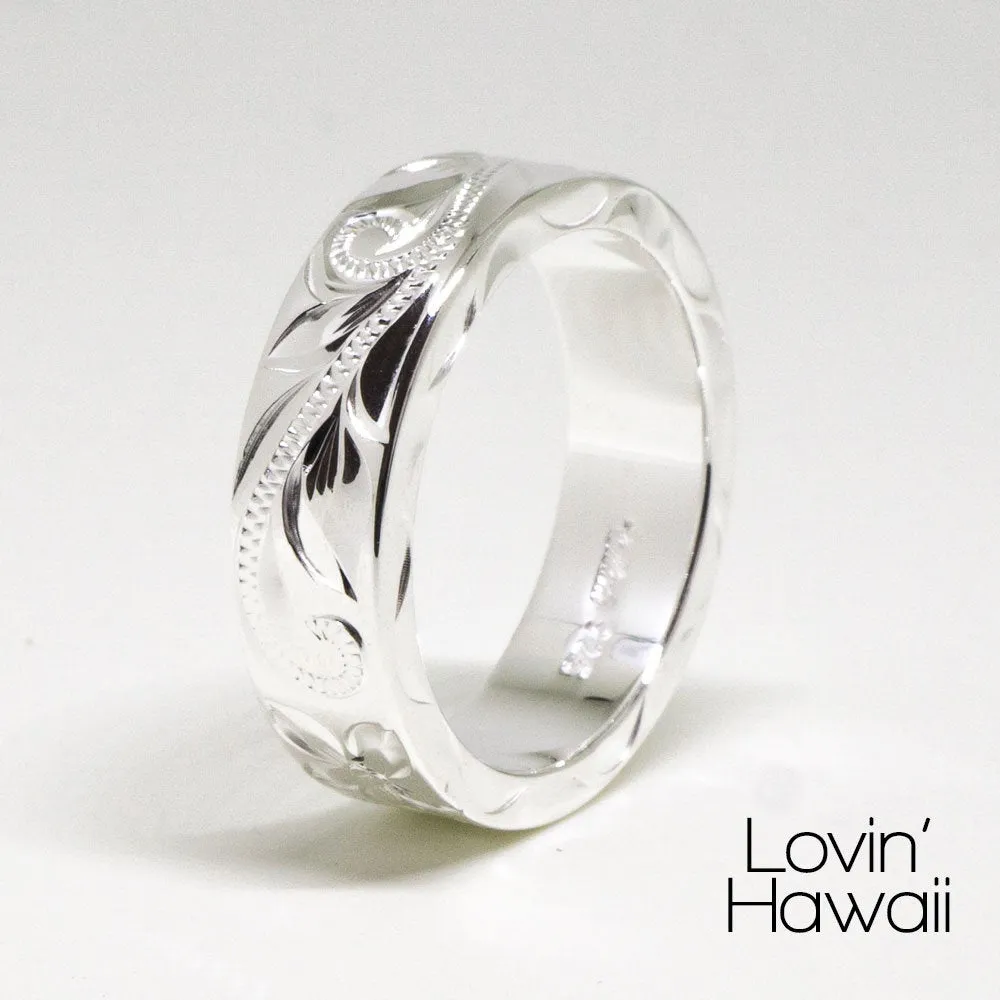 Hawaiian Wedding Bands, Hand Engraved Design, (6MM Width, Flat Style)