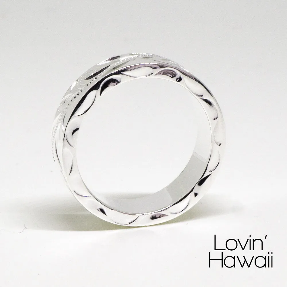 Hawaiian Wedding Bands, Hand Engraved Design, (6MM Width, Flat Style)