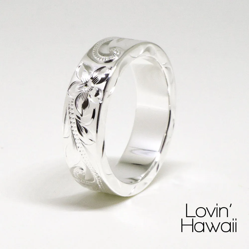 Hawaiian Wedding Bands, Hand Engraved Design, (6MM Width, Flat Style)