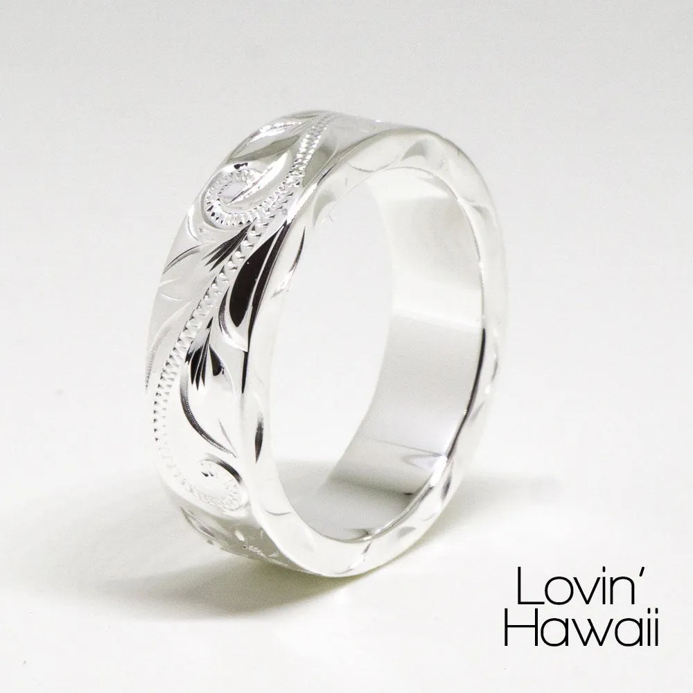 Hawaiian Wedding Bands, Hand Engraved Design, (6MM Width, Flat Style)