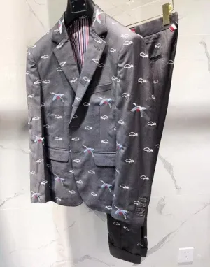 Heavy Work New Whole Body Crane Embroidery Mens Blazer Two Piece Fashion Slim Fit Smart Casual Social Evening Party Dress Suit