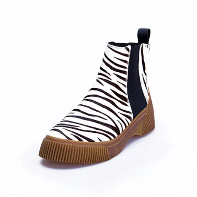 Hot Ladies Short Booties Horsehair Striped Mixed Color Women Ankle Boots Platform Slip-On Botas Mujer Shoes Woman