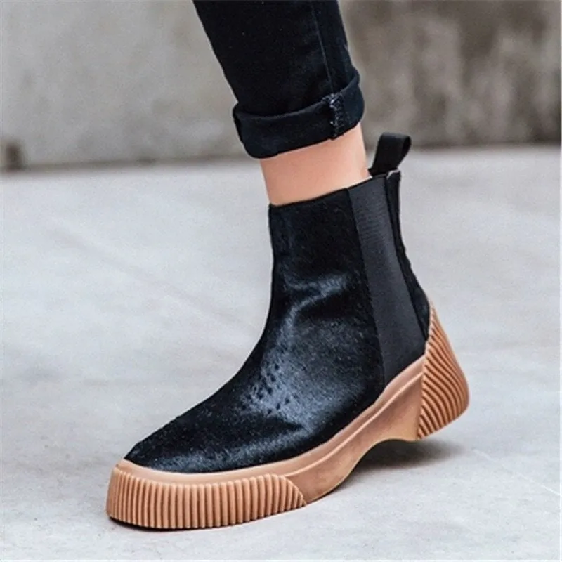 Hot Ladies Short Booties Horsehair Striped Mixed Color Women Ankle Boots Platform Slip-On Botas Mujer Shoes Woman