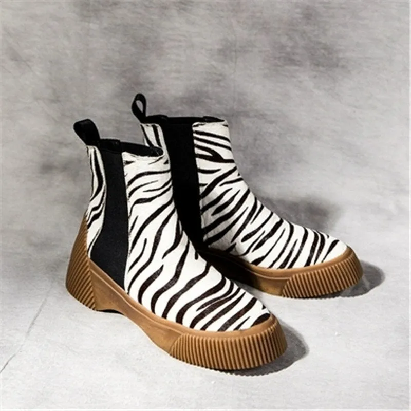 Hot Ladies Short Booties Horsehair Striped Mixed Color Women Ankle Boots Platform Slip-On Botas Mujer Shoes Woman