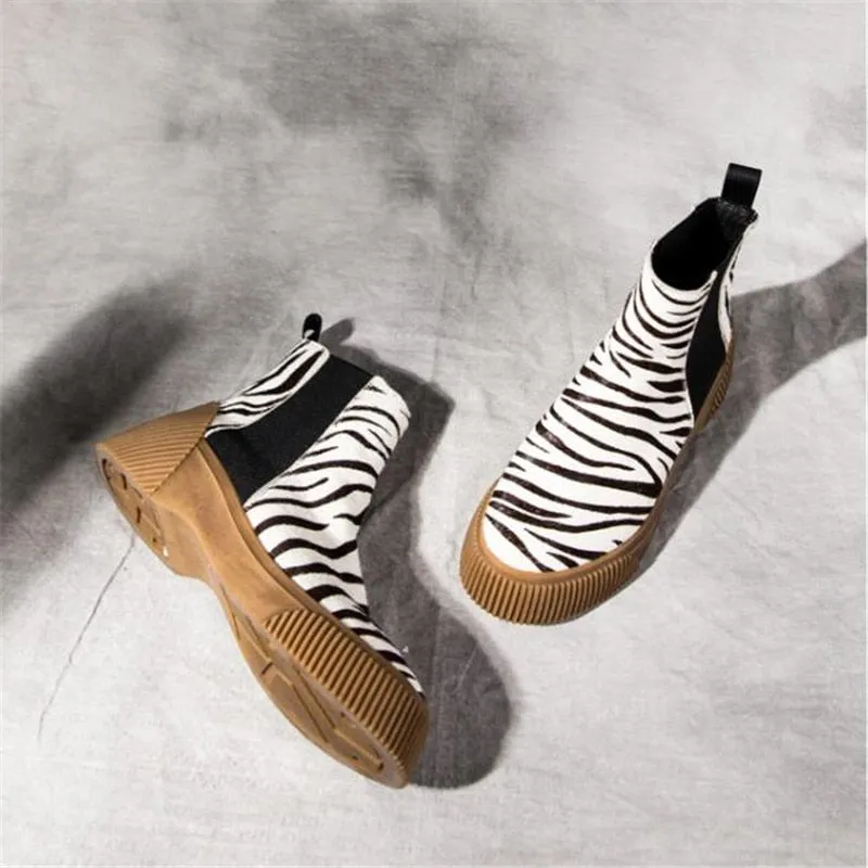 Hot Ladies Short Booties Horsehair Striped Mixed Color Women Ankle Boots Platform Slip-On Botas Mujer Shoes Woman