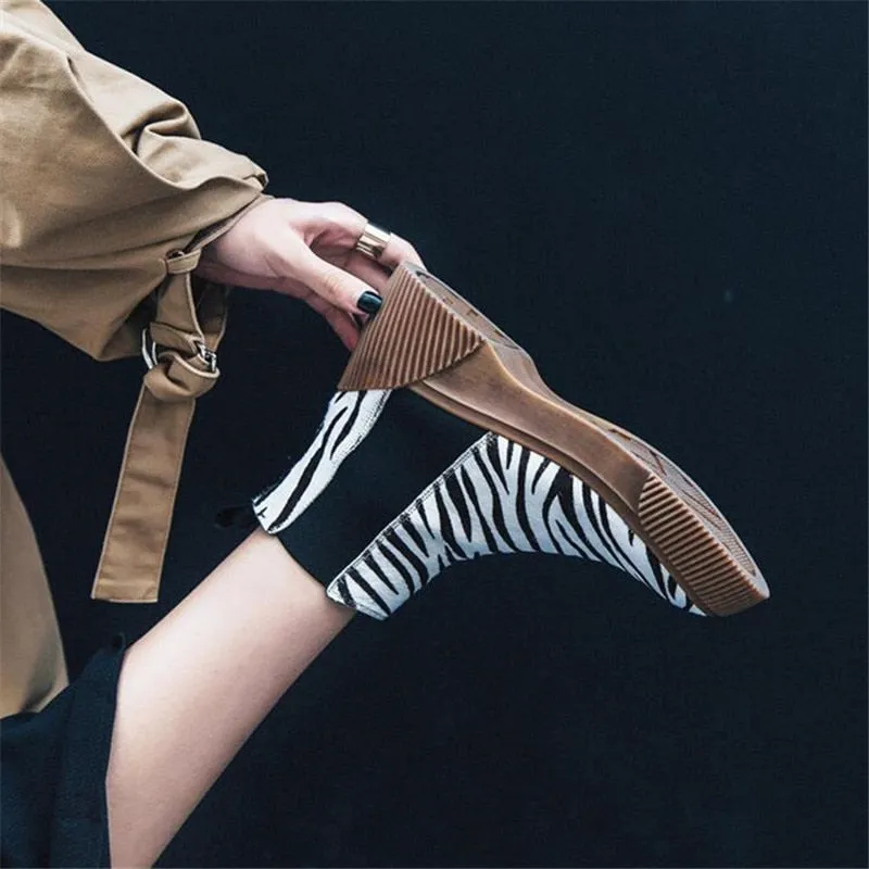 Hot Ladies Short Booties Horsehair Striped Mixed Color Women Ankle Boots Platform Slip-On Botas Mujer Shoes Woman
