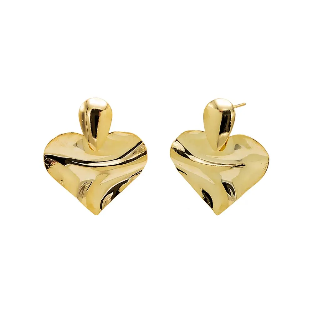 Indented Flat Heart Drop Stud Earring