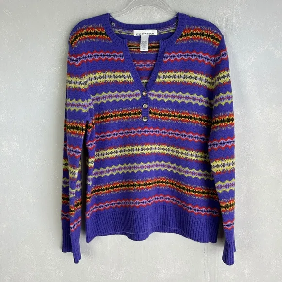 Jones New York women size XL v-neck sweater 100% lambswool purple fair isle NEW