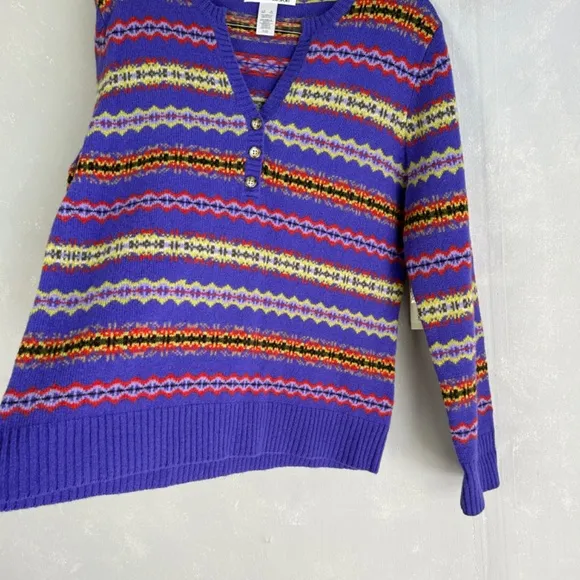 Jones New York women size XL v-neck sweater 100% lambswool purple fair isle NEW
